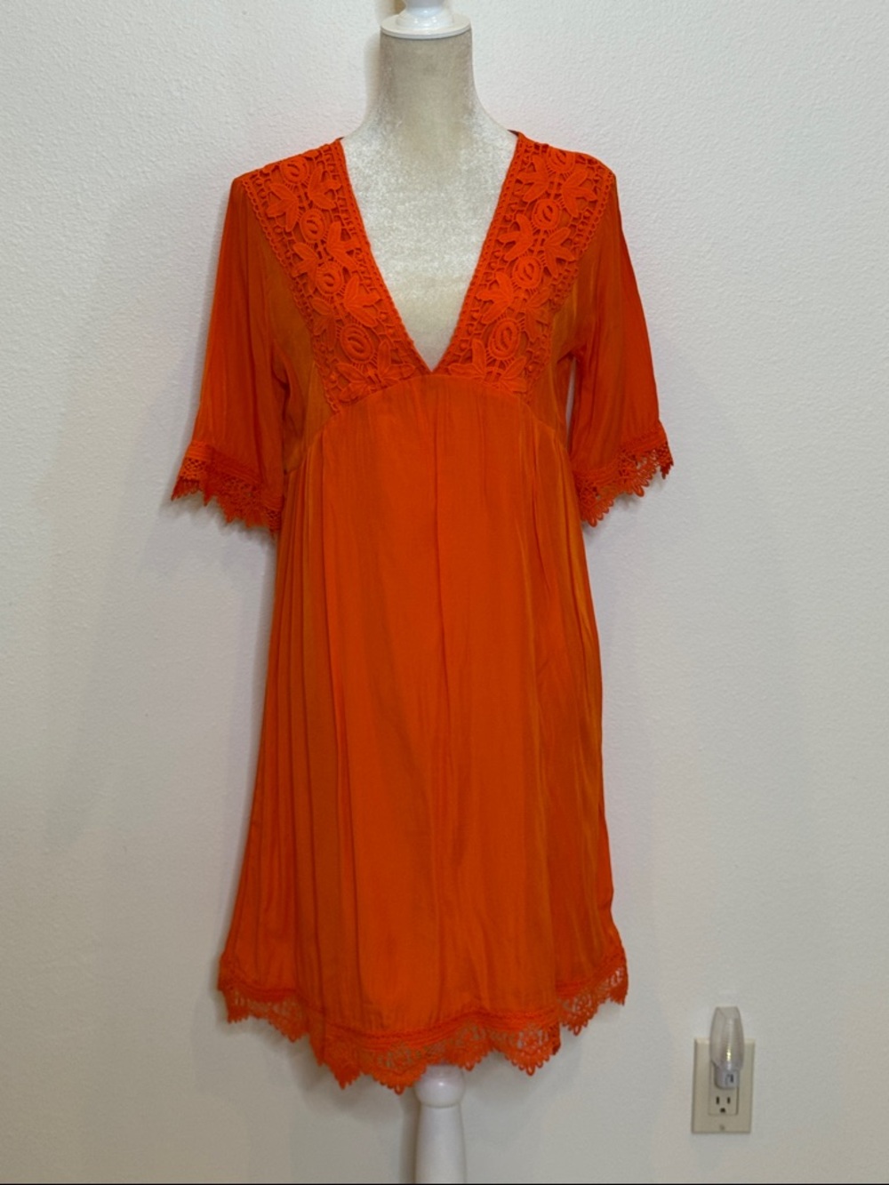 Vibrant Orange Lace Trim V-Neck Dress